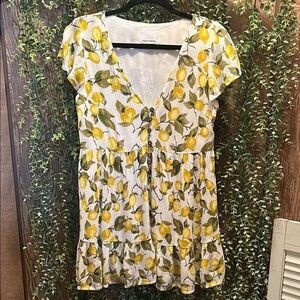 Lemon Print V-Neck Mini Dress